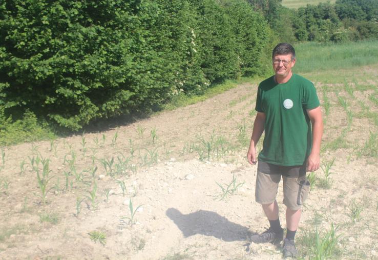Kevin Chartrain, devant un trou rebouché en vain. Il est associé avec son frère Florian et son épouse Anabelle au Gaec Chartrain (675 000 litres pour Bel, avec 75 vaches, 175 ha, 3 poulaillers de Loué).